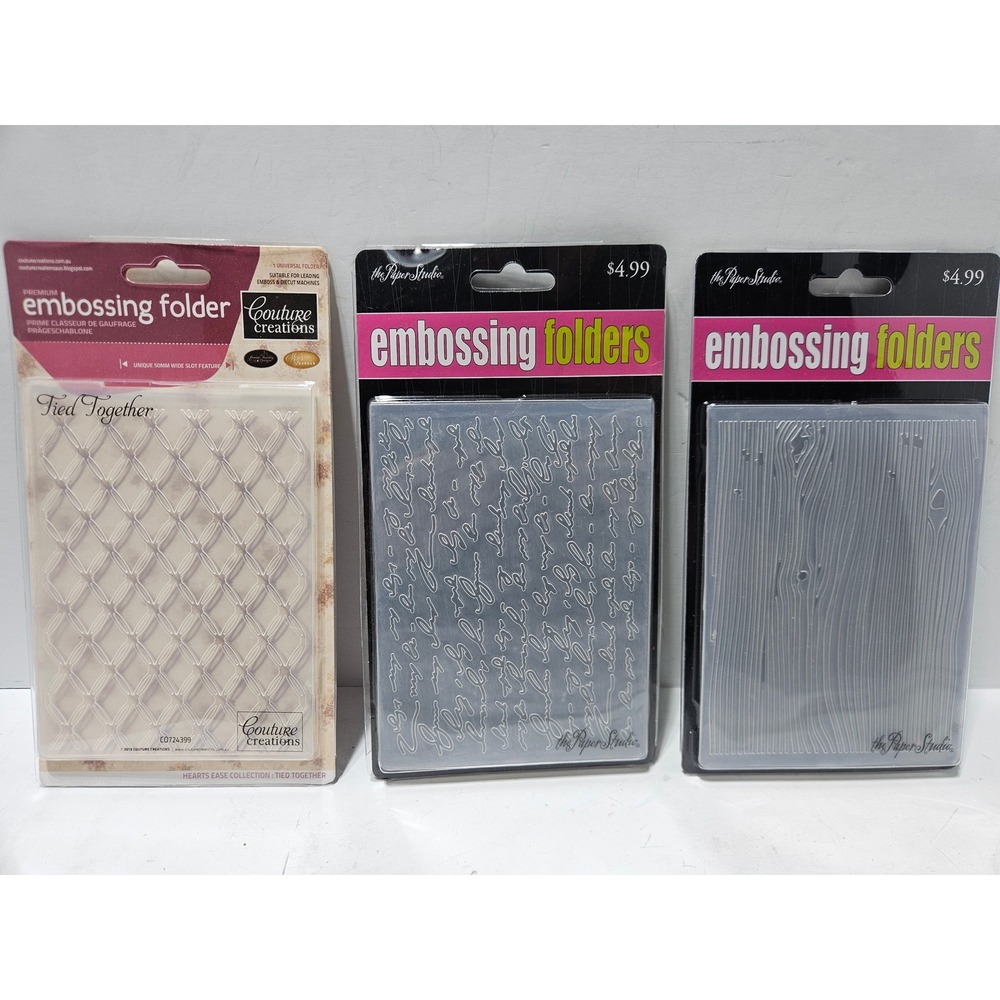 Couture Creations Paper Studio Embossing Folders Woodgrain Script Tied Together